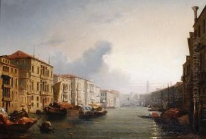 The Grand Canal With The Rialto Bridge In Thedistance by Jules Romain Joyant