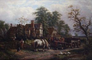 Horses And Figuresbefore A Farmhouse by Thomas James Judkin