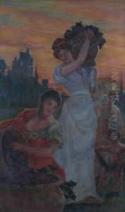 Ladies Gathering Grapes With Sunset Ruins In Background by Alfred Juergens
