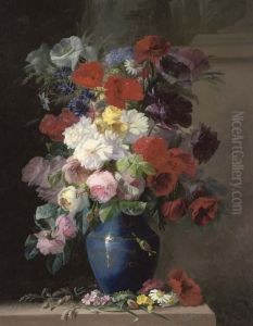 Roses, Poppies, Daisies And Other Summer Blooms In A Vase by C. Julliard