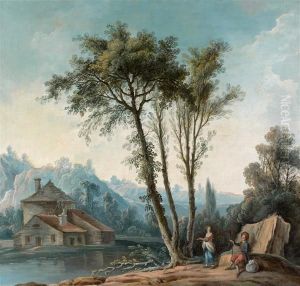 Couple De Pelerins Devant Une Riviere by Nicolas-Jacques Juliard