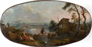 Jeune Femme, Son Enfant Et Bergers Au Bord D'une Riviere by Nicolas-Jacques Juliard