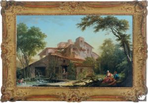 A Watermill With A Dovecot And A Peasant Couple Seated Under A Tree In The Foreground by Nicolas-Jacques Juliard