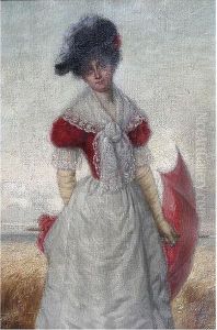 An Elegant Lady, With A Parasol, Before A Cornfield