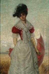 An Elegant Lady In A Cornfield Holding A Red Umbrella
