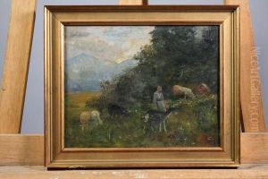 Bergere Et Son Troupeau by Gustave Adolf Jundt