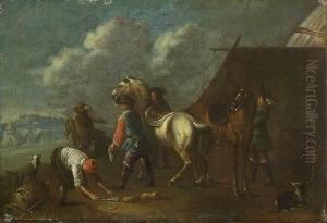 Krieger Mit Ihren Pferden Beim Hufschmied by Jakob Jung
