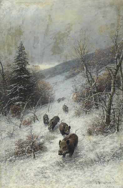 A Herd Of Boars Running Through The Woods In The Snow - view 1
