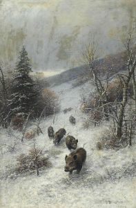 A Herd Of Boars Running Through The Woods In The Snow by Johann Jungblutt