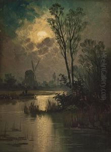 Nachtliche Seenlandschaft Mit Windmuhle by Johann Jungblutt