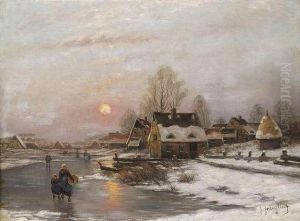 Wintry Landscape Atsunset With Promenaders On A Frozen Canal. by Johann Jungblutt