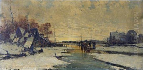 Hollandischewinterlandschaft Mit Bauernhausern Und Menschengruppe Auf Demeis - view 1