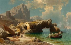 Bay At Capri With Fishermen And Their Boats. by Carl Jungheim