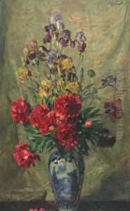 Red Peonies And Iris In A Blue And White Vase