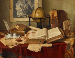 Still Life With Books, Quill Pen, Globe And Engraving