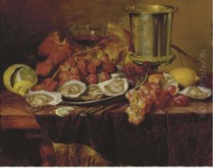 Still Life With Lemons, Oysters, Grapes, Leaves And Water Goblet by Josef Jurutka