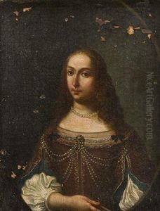Portrait De Jeune Femme A La Robe Decoree De Perles Dans Un Ovale Peint