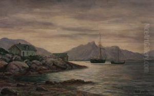 Kystlandskap Med Hus Og Bater by Ole Juul