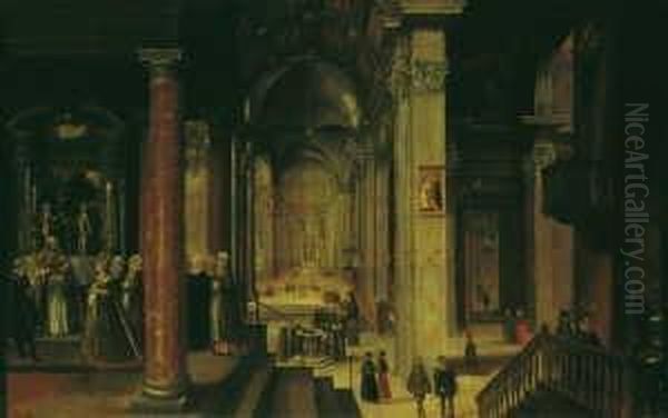 Kircheninterieur Mit Reicher Figurenstaffage, Darunter Die Teilnehmer An Einer Trauung. - view 1