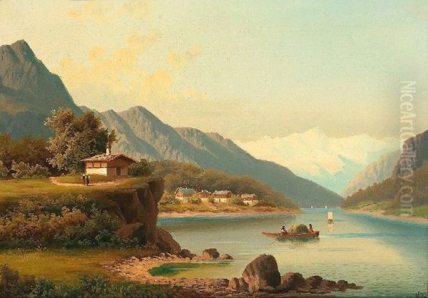 Geb. In Linz. Ab 1875 Schuler An Der Munchner Akademie Bei L. Lofftz Und Lindenschmit. Stellte 1881-88 In Berlin, Munchen Und Wien Aus. War Tatig In Munchen. Sign. Gebirgslandschaft Mit Kirchdorf An Einem See Mit Ubersetzendem Boot Und Gletscherhorizont. - view 1