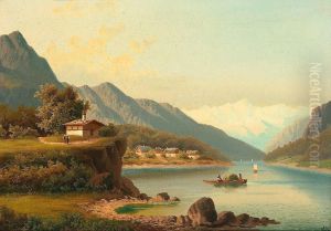 Geb. In Linz. Ab 1875 Schuler An Der Munchner Akademie Bei L. Lofftz Und Lindenschmit. Stellte 1881-88 In Berlin, Munchen Und Wien Aus. War Tatig In Munchen. Sign. Gebirgslandschaft Mit Kirchdorf An Einem See Mit Ubersetzendem Boot Und Gletscherhorizont. by Carl Kahler