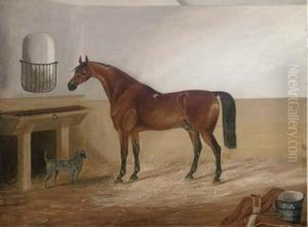 A Bay Hunter And A Canine Companion In A Stable - view 1