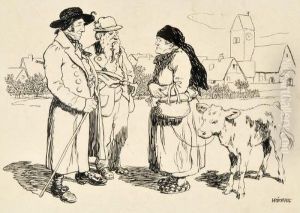 Drei Landleute Mit Einem Kalb by Leo Kainradl