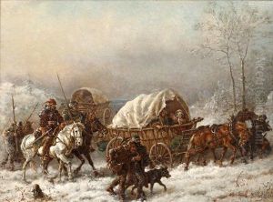Winter Scene, With Refugee Train In The Snow