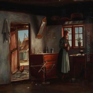 Country Interior With An Elderly Woman by Isidor Kalckar