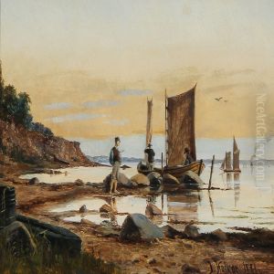 Coastal Scene From England With Fishermen On The Beach by Isidor Kalckar