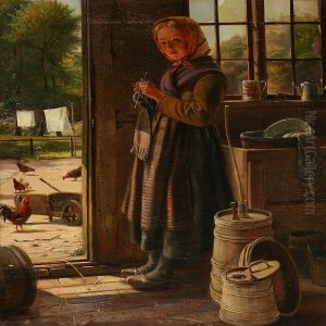 A Girl Knitting Near A Door by Isidor Kalckar