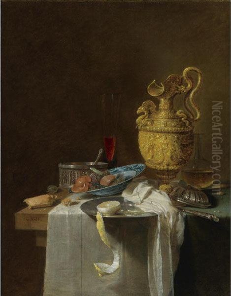 Still Life With A Silver Gilt Jug, A Wan-li Porcelain Bowl Withcandied Fruit And A Pewter Plate With A Peeled Lemon by Willem Kalf