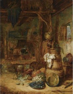 A Barn Interior With Pumpkins And Other Vegetables, Pewter Plates And A Copper Bowl Next To A Barrel, Two Peasants In The Background by Willem Kalf