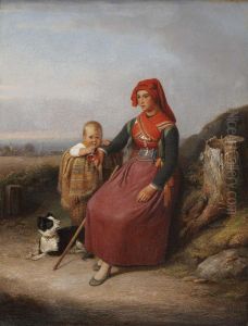Rastende Bauerin Mit Kind Und Hund by Kaspar Kaltenmoser