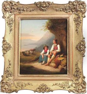 Resting Peasants On A Bank Above A Lake by Kaspar Kaltenmoser