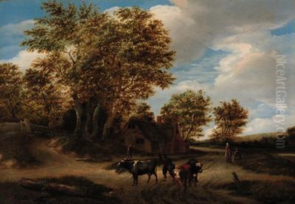 A Wooded Landscape With A Herdsman And Cattle On A Track, Peasantsand A Cottage Beyond - view 1