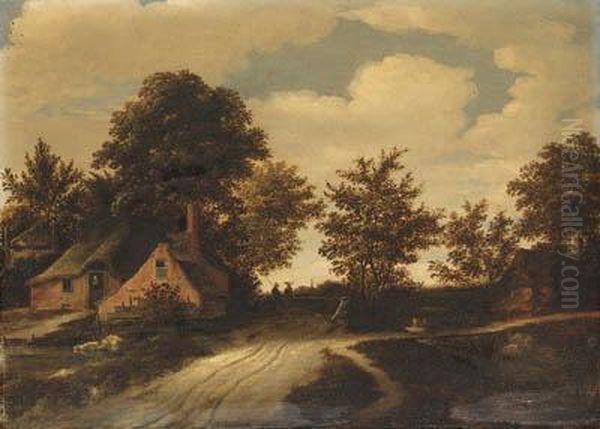 A Hamlet With Peasants On A Path In A Wooded Landscape - view 1
