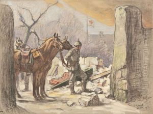 Berittene Soldaten In Zerstorter Stadt by Arthur Kampf