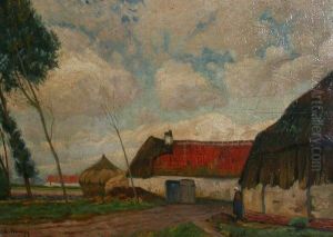 Niederrheinlandschaft Mit Bauerin Auf Ihrem Gehoft by Eugen Kampf