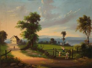 Children Playing On A Gate In A Country Landscape by John Kane