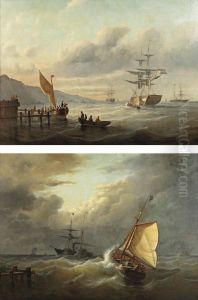 Dutch Vessels In A Sunlit Bay by Christiaan Cornelis Kannemans