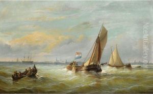 Fishing Boats On Choppy Waters, Possibly Vlissingen In Thebackground by Christiaan Cornelis Kannemans