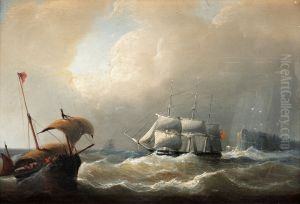 Marine With Full Rigged Vessel And Fishingboat by Christiaan Cornelis Kannemans