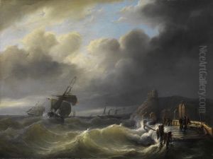 Segelschiffe In Einer Sturmflut Vor Der Kuste by Christiaan Cornelis Kannemans