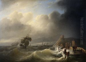 Storm At Sea Watched By Fishermen At The Stockade by Christiaan Cornelis Kannemans
