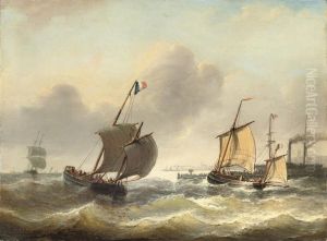 Full Sail On Choppy Waters Near A Harbour Entrance by Christiaan Cornelis Kannemans