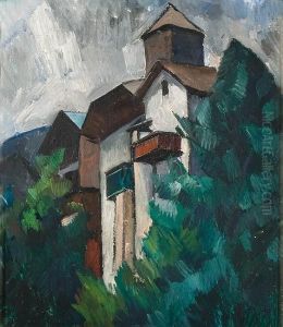 Hauser Im Gebirge Mit Turm by Alexander Kanoldt