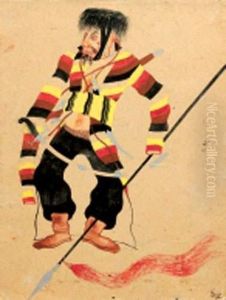 Projet De Costume De Theatre Pour "l'attaque" Par Ivanov Gouache Sur Papier, Monogrammee Et Datee 32 En Bas A Droite