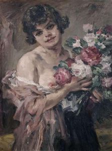 Female Half Nude With A Bouquet Of Flowers. by Paul Kapell