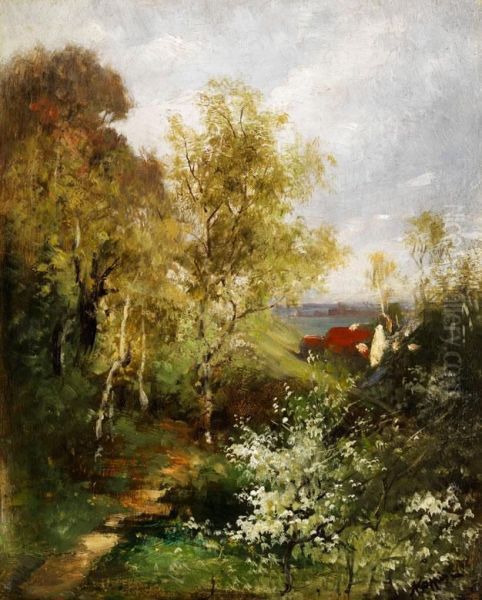 Fruhlingslandschaft Mit Bluhenden Jungen Baumen An Einer Talsenke - view 1